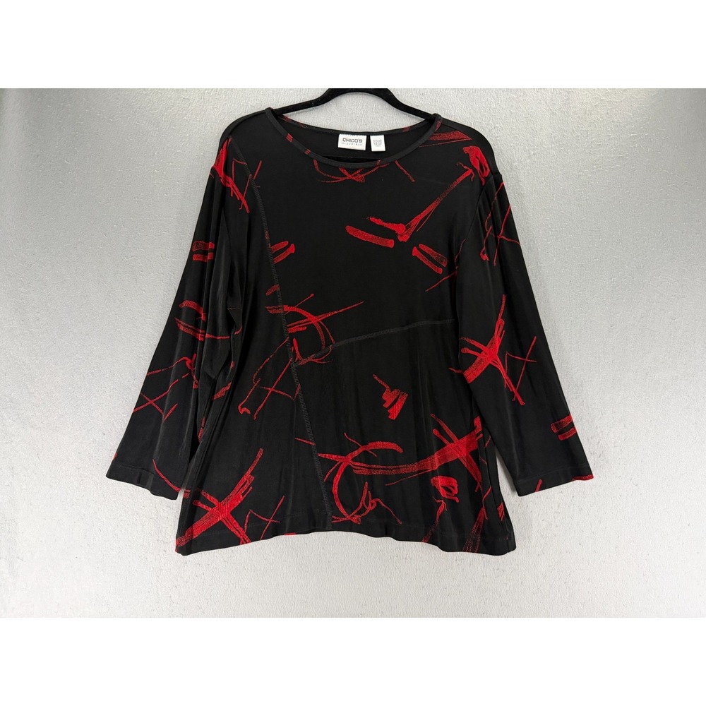 Chico's Travelers 3 XL/6 Top Acetate Black Red Abstract Artsy Brushstroke Script
